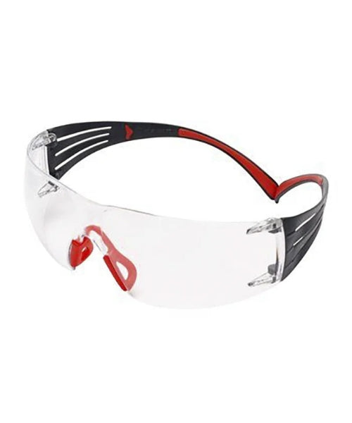 Clear ScotchGuard Coated Safety Spectacles with Red Pressure Diffusion Temples | 3M SF401SGAF-RED
