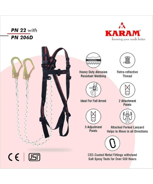 Adjustable Full Body Harness with Double Polyamide Lanyard and Hooks | Karam PN22(PN206D)(000_131)(2.0M)