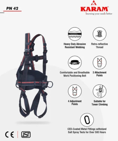 Tower Climbing Harness with Double Polyamide Lanyard and Hooks | Karam PN42(01)(PN206)(000_131)(2.0M)