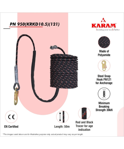 50 metre Karamental Semi Static Rope Anchorage Line with Hook | Karam PN950(KRKD10.5)(121)