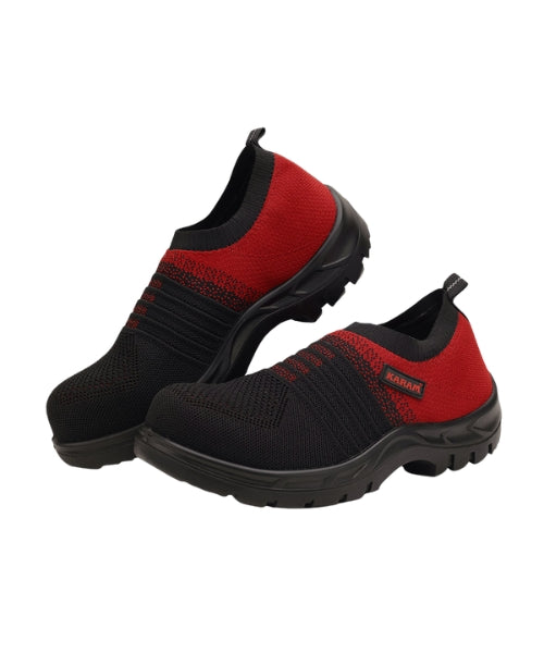 Red and Black Sporty Slip-On Safety Shoes with Fiber Toe|Karam FS202 (FWSAMN)