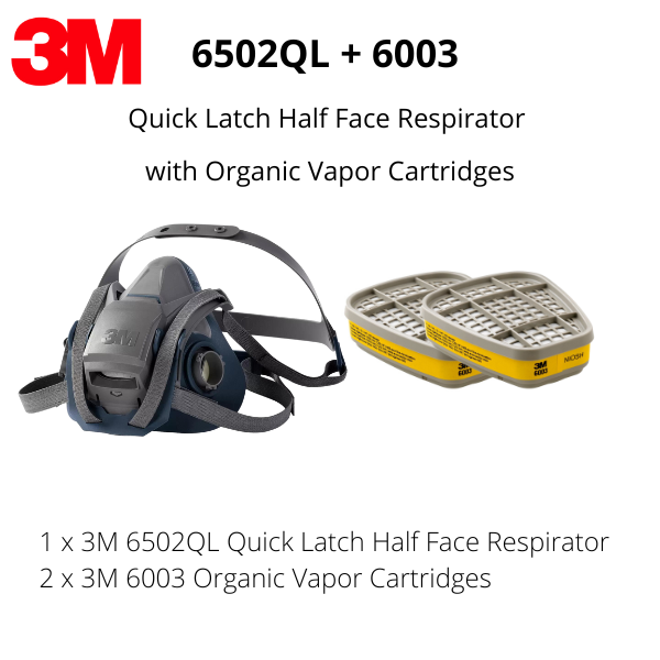 3M 6502QL Quick Latch Half Face Respirator with a pair of 6003 Organic Vapor/Acid Gas Cartridges