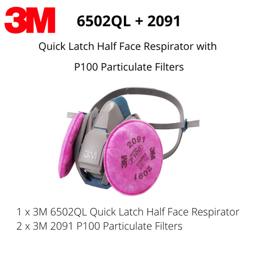 3M 6502QL Quick Latch Half Face Respirator with a pair of 2091 Particulate Filters