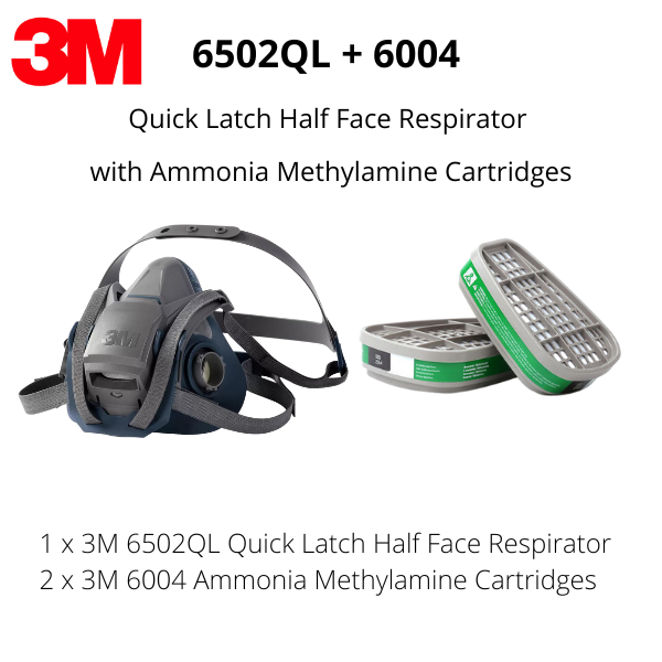 3M 6502QL Quick Latch Half Face Respirator with a pair of 6004 Ammonia Methylamine Cartridges
