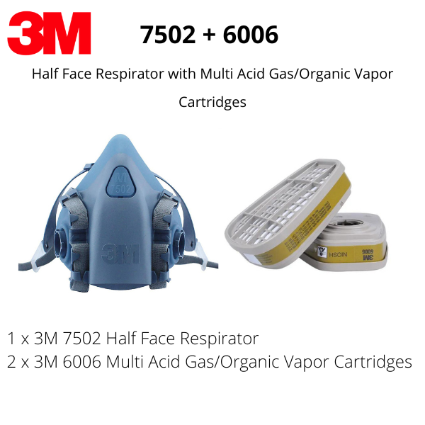 3M 7502 Half Face Respirator with a pair of 6006 Multi Gas/Vapor Cartridge Cartridges