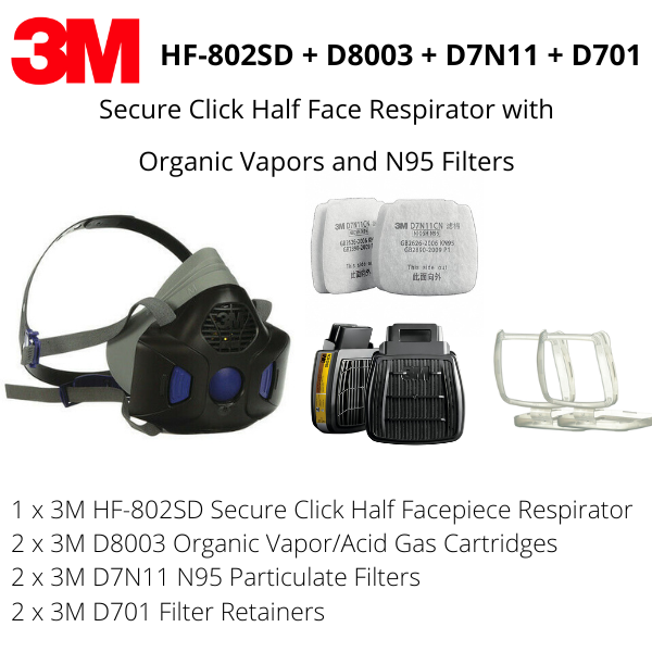 3M HF-802SD Secure Click Half Face Respirator with N95 Particulate and Organic Vapor/Acid Gas Combo
