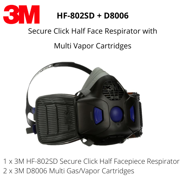 3M HF-802SD Secure Click Half Face Respirator with a pair of D8006 Multi Gas/Vapor Cartridges
