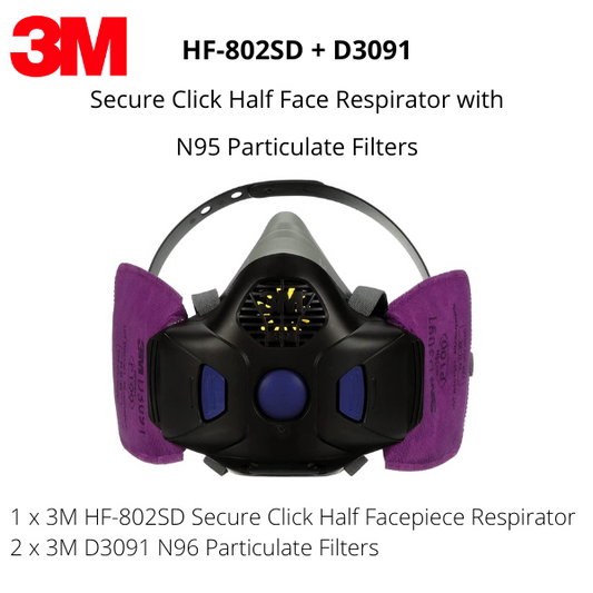 3M HF-802SD Secure Click Half Face Respirator with a pair of D3091 Particulate Filters